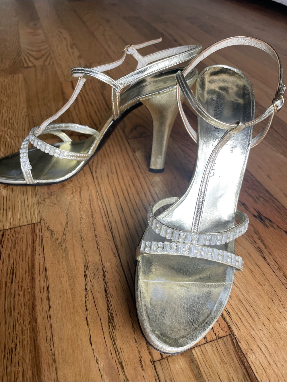 Charles Jourdan Metallic Gold Beaded T-Strap Heels